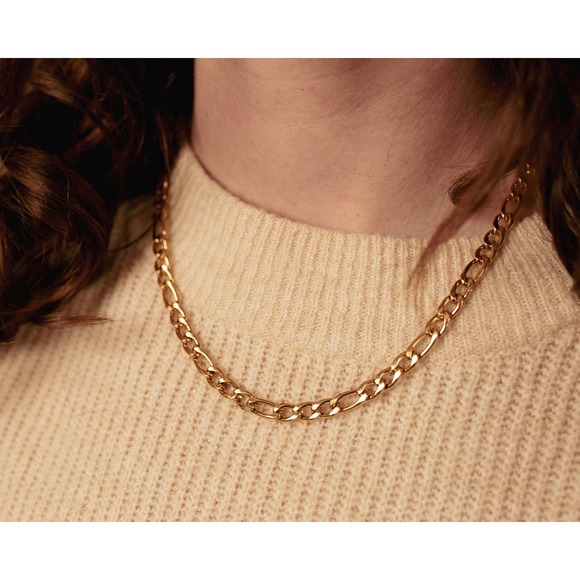 Parris 14k Gold Plated Over Stainless Steel Figaro Unisex Chain Link Necklace - Picture 1 of 10